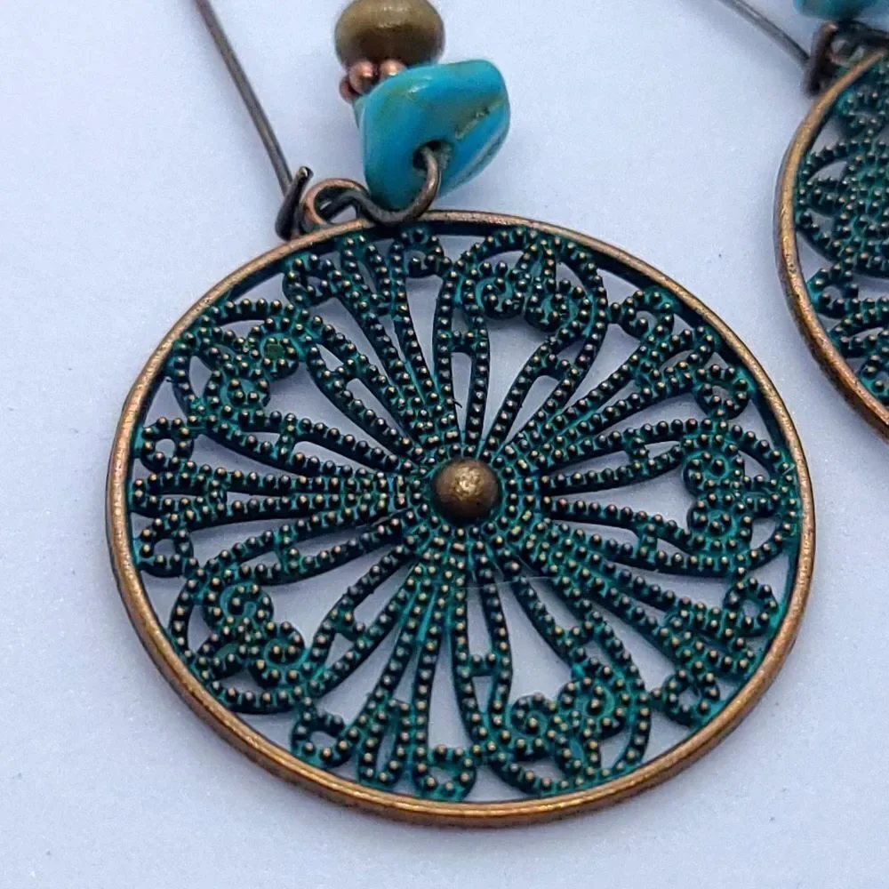 Copper Patina Filigree Earrings Boho Western Dangle Jewelry Earthy Desert Muse